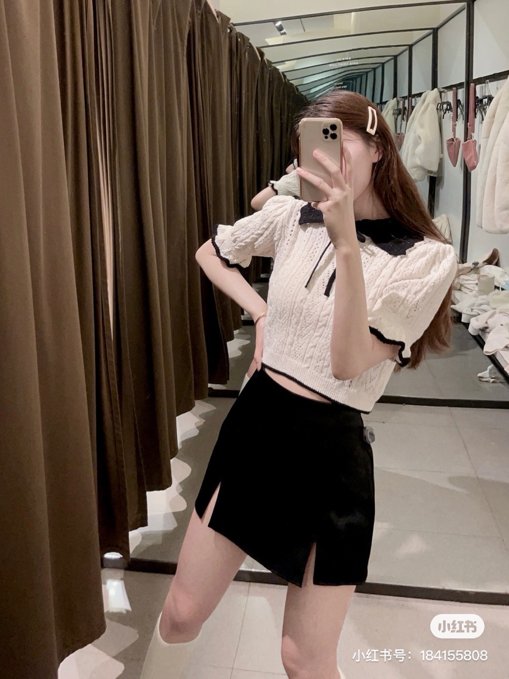 Cream Cable Knit Puff Sleeve Sweater Top with Black Bow Collar